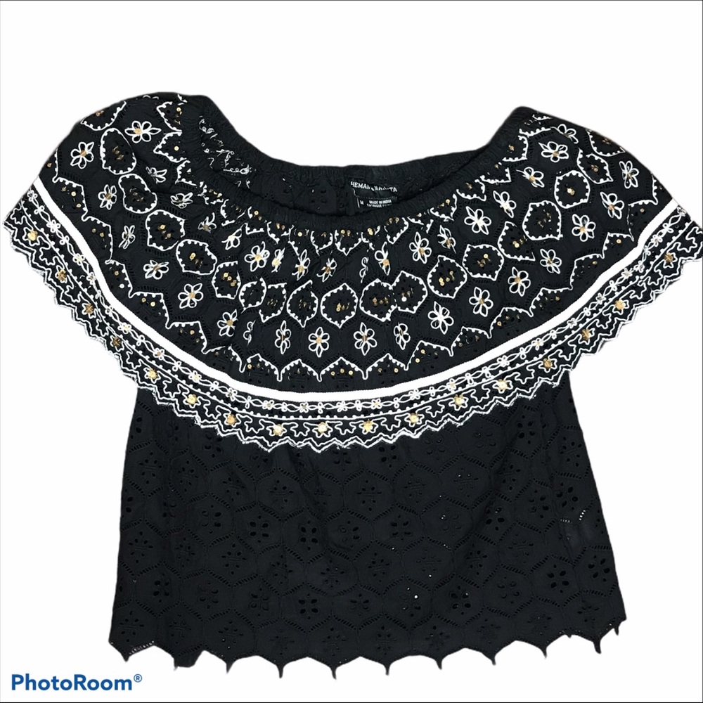 Anthropologie Off The Shoulder Crochet Black Top